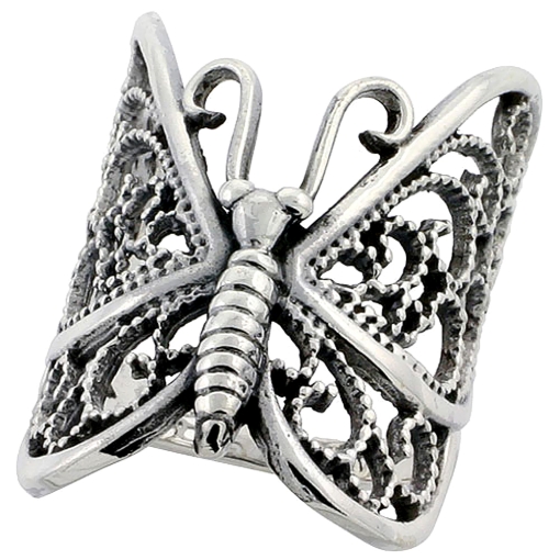 Picture of Large Sterling Silver Long Filigree Butterfly Ring for Women 1 1/4 inch (31mm) sizes 6 - 10 1/2