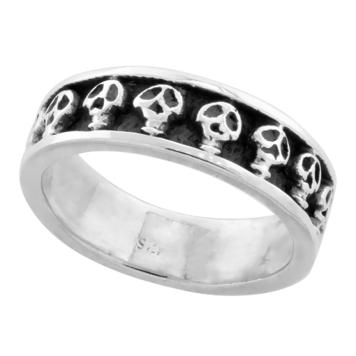 Picture of Small Sterling Silver 6mm Skull Wedding Band Thumb Ring for Women Oxidized Finish 1/4 inch wide sizes 6-10