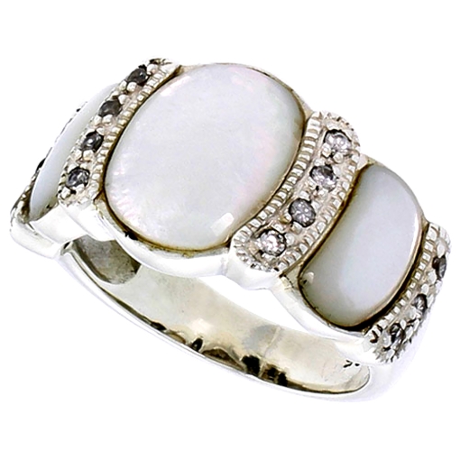 Picture of Sterling Silver Oxidized Ring, w/ 12 x 9 mm & Two 9 x 5 mm Oval-shaped Mother of Pearls, & Tiny CZ's, 1/2" (13 mm) wide