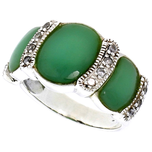 Picture of Sterling Silver Oxidized Ring, w/ 12 x 9 mm & Two 9 x 5 mm Oval-shaped Green Resin, & Tiny CZ's, 1/2" (13 mm) wide