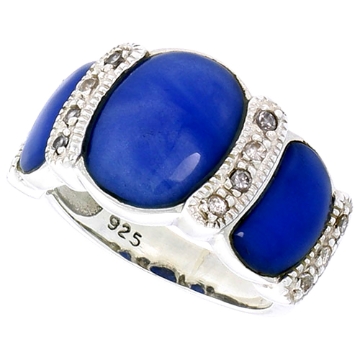 Picture of Sterling Silver Oxidized Ring, w/ 12 x 9 mm & Two 9 x 5 mm Oval-shaped Blue Resin, & Tiny CZ's, 1/2" (13 mm) wide