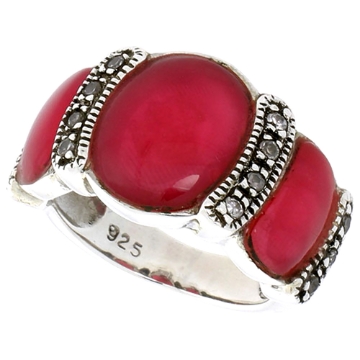 Picture of Sterling Silver Oxidized Ring, w/ 12 x 9 mm & Two 9 x 5 mm Oval-shaped Red Resin, & Tiny CZ's, 1/2" (13 mm) wide