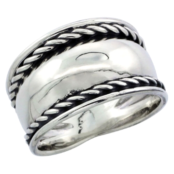 Picture of Sterling Silver Domed Cigar Wedding Band Ring w/ Rope Edge Design 7/16 inch wide, sizes 6 - 13