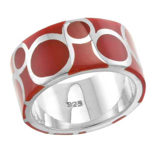 Picture of Sterling Silver High Polished Circles Ring Red Enamel 3/8 inch wide sizes 6 to 10