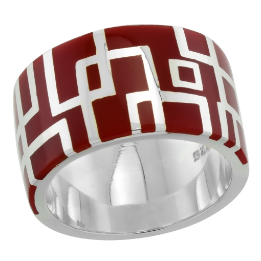Picture of Sterling Silver High Polished Geometric Pattern Ring Red Enamel 15/32 inch wide sizes 6 to 10