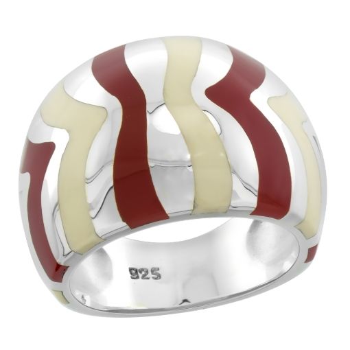 Picture of Sterling Silver High Polished Domed Ring Red & White Stripes Enamel 5/8 inch wide sizes 6 to 10