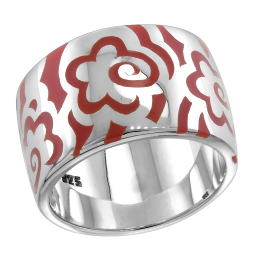 Picture of Sterling Silver High Polished Flower Ring Red Enamel 15/32 inch wide sizes 6 to 10