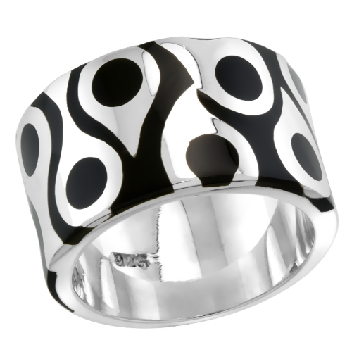 Picture of Sterling Silver High Polished Drops Ring Black Enamel 1/2 inch wide sizes 6 to 10