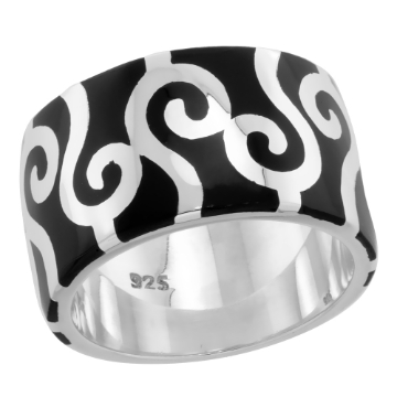 Picture of Sterling Silver High Polished Swirls Ring Black Enamel 15/32 inch wide sizes 6 to 10