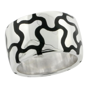 Picture of Sterling Silver High Polished Jigsaw Puzzle Ring Black Enamel 15/32 inch wide sizes 6 to 10