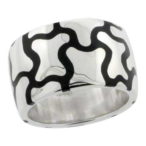 Picture of Sterling Silver High Polished Jigsaw Puzzle Ring Black Enamel 15/32 inch wide sizes 6 to 10