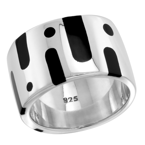 Picture of Sterling Silver High Polished Dots & Lines Ring Black Enamel 1/2 inch wide sizes 6 to 10