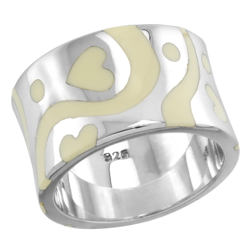 Picture of Sterling Silver High Polished Hearts Ring White Enamel 1/2 inch wide sizes 6 to 10