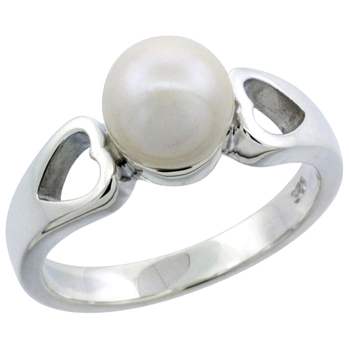 Picture of Sterling silver Pearl Ring for Women Double Heart Cut Out 1/4 inch wide sizes 5-10