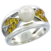 Picture of Sterling Silver Pearl Ring for Women Chevron Pattern Citrine CZ Accent 7/16 inch Sizes 5 to 10