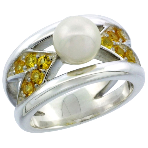 Picture of Sterling Silver Pearl Ring for Women Chevron Pattern Citrine CZ Accent 7/16 inch Sizes 5 to 10