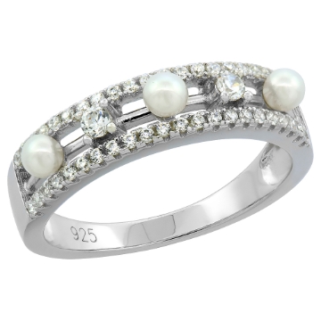 Picture of Sterling Silver 3 Pearl Ring for Women Cubic Zirconia Accent 3/16 inch sizes 6 to 9
