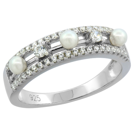 Picture of Sterling Silver 3 Pearl Ring for Women Cubic Zirconia Accent 3/16 inch sizes 6 to 9