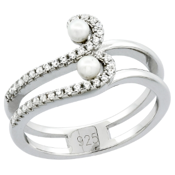 Picture of Sterling Silver 3 Pearl Wave Ring for Women Cubic Zirconia Accent 7/16 inch sizes 6 to 9