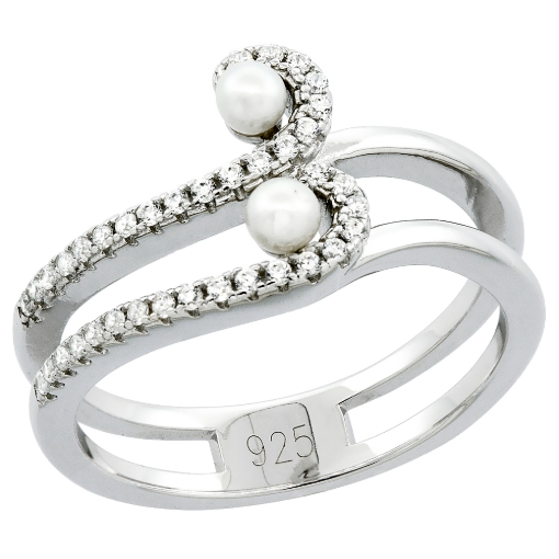 Picture of Sterling Silver 3 Pearl Wave Ring for Women Cubic Zirconia Accent 7/16 inch sizes 6 to 9