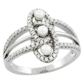 Picture of Sterling Silver 3 Pearl Knot Ring for Women Cubic Zirconia Accent 5/8 inch sizes 6 to 9