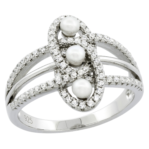 Picture of Sterling Silver 3 Pearl Knot Ring for Women Cubic Zirconia Accent 5/8 inch sizes 6 to 9