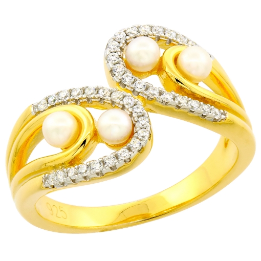 Picture of Sterling Silver Pearl Bypass Ring for Women Cubic Zirconia Accent Gold Plated 1/2 inch sizes 6 to 9