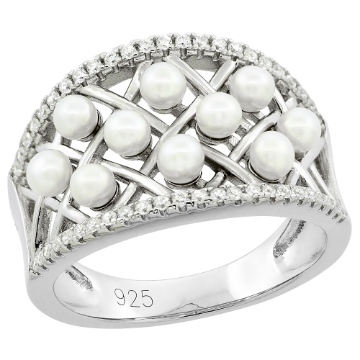 Picture of Sterling Silver Cigar Band Pearl Ring for Women Cubic Zirconia Accent 9/16 inch sizes 6 to 9