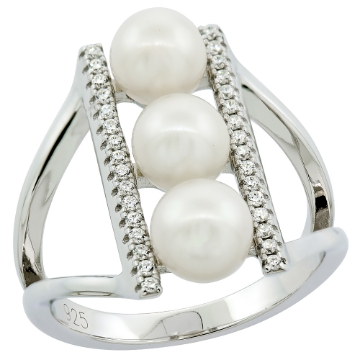 Picture of Sterling Silver 3 Pearl Ring for Women Cubic Zirconia Accent 3/4 inch sizes 6 to 9