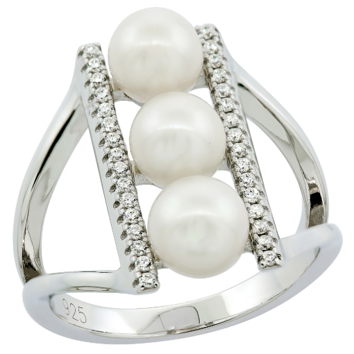 Picture of Sterling Silver 3 Pearl Ring for Women Cubic Zirconia Accent 3/4 inch sizes 6 to 9