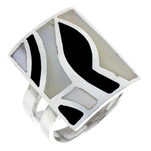Picture of Sterling Silver Rectangular Shell Ring, w/Black & White Mother of Pearl Inlay, 15/16" (24 mm) wide