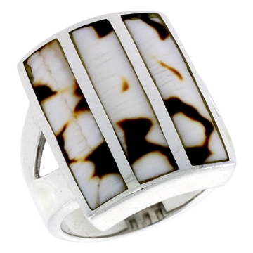 Picture of Sterling Silver Striped Rectangular Shell Ring, w/Brown & White Mother of Pearl Inlay, 7/8" (23 mm) wide