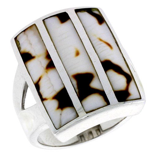 Picture of Sterling Silver Striped Rectangular Shell Ring, w/Brown & White Mother of Pearl Inlay, 7/8" (23 mm) wide