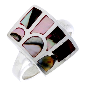 Picture of Sterling Silver Striped Rectangular Shell Ring, w/Colorful Mother of Pearl Inlay, 13/16" (21 mm) wide