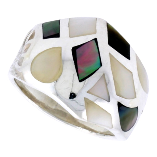 Picture of Sterling Silver Freeform Shell Ring, w/Black & White Mother of Pearl Inlay, 3/4" (19 mm) wide