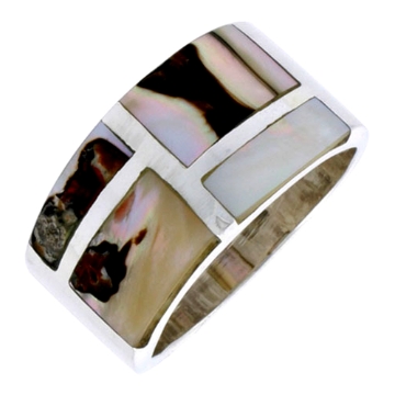 Picture of Sterling Silver Flat Band, w/Brown & White Mother of Pearl Inlay, 1/2" (13 mm) wide