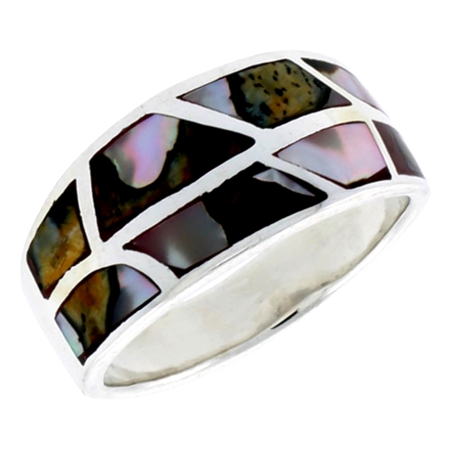 Picture of Sterling Silver Flat Band, w/Brown & White Mother of Pearl Inlay, 1/2" (12 mm) wide