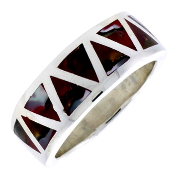 Picture of Sterling Silver Triangular Pattern Flat Band, w/Colorful Mother of Pearl Inlay, 3/8" (10 mm) wide