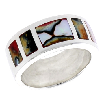 Picture of Sterling Silver Square Pattern Flat Band, w/Colorful Mother of Pearl Inlay, 3/8" (10 mm) wide