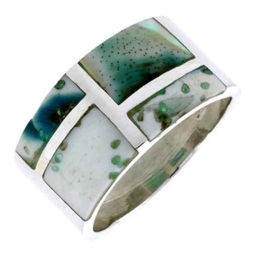 Picture of Sterling Silver Rectangular Flat Band, w/Blue-Green Mother of Pearl Inlay, 1/2" (13 mm) wide