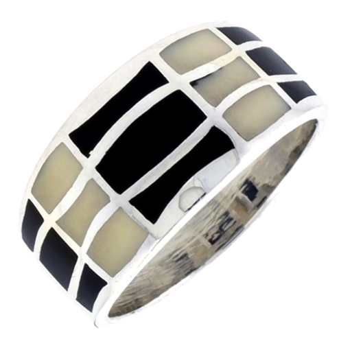 Picture of Sterling Silver Striped Band, w/Black & White Mother of Pearl Inlay, 1/2" (12 mm) wide