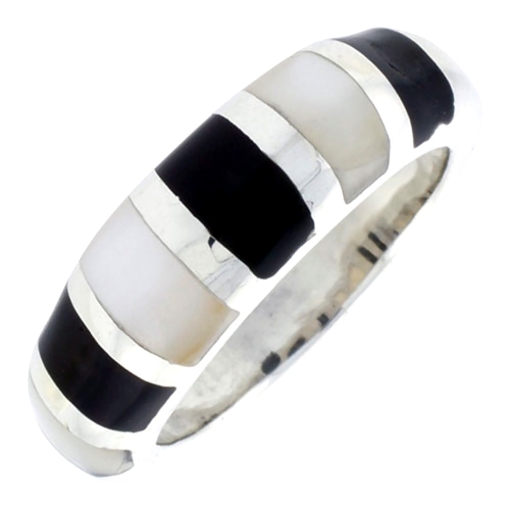 Picture of Sterling Silver Striped Band, w/Black & White Mother of Pearl Inlay, 5/16" (8 mm) wide