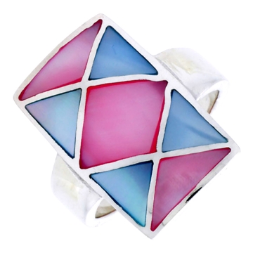 Picture of Sterling Silver Crisscross Design Rectangular Shell Ring, w/Pink & Blue Mother of Pearl Inlay, 1" (25 mm) wide
