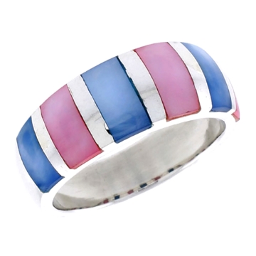 Picture of Sterling Silver Striped Dome Shell Ring, w/Pink & White Mother of Pearl Inlay, 3/8" (9 mm) wide