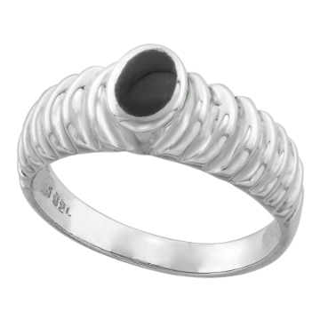 Picture of Dainty Sterling Silver Inlaid Oval Jet Stone Scalloped Ring for Women and Teens 1/4 inch (7mm) wide sizes 3-9