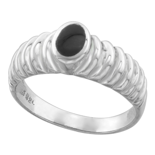 Picture of Dainty Sterling Silver Inlaid Oval Jet Stone Scalloped Ring for Women and Teens 1/4 inch (7mm) wide sizes 3-9