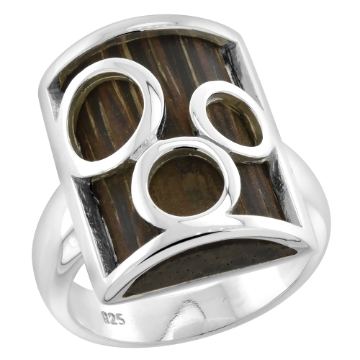 Picture of Sterling Silver Bubble Design Rectangular Tigerwood Ring for Women Triple Circle Cut Outs 7/8 inch wide sizes 6-10