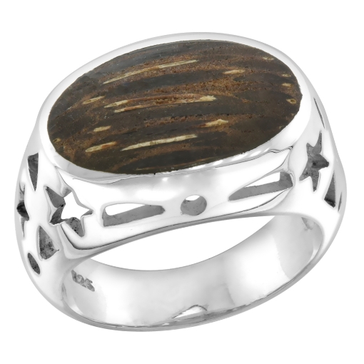 Picture of Sterling Silver Oval shaped Tigerwood Ring Ancient Wood Inlay & Teeny Star Cut Outs 9/16 inch wide sizes 6-10