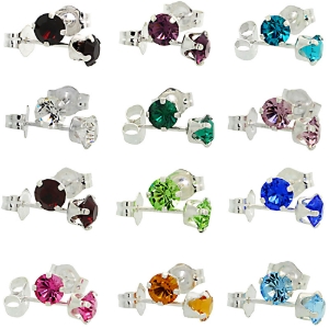 Picture of Sterling Silver 4mm Round Birthstone Crystal Stud Earrings with Swarovski Elements 1/2 ct total