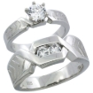 Picture of Sterling Silver Cubic Zirconia Engagement Rings Set for Him & Her Chevron Pattern Channel Set 7.5mm Man's Wedding Band )